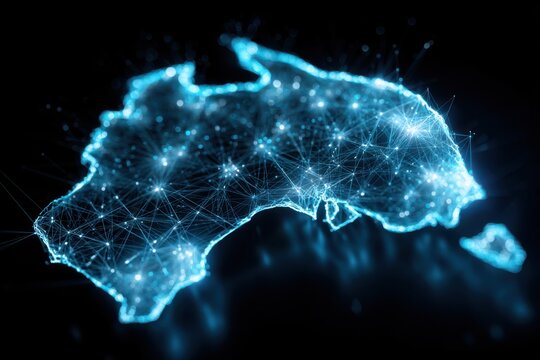 Digital Map of Australia Representing Connectivity Through Technology and Network Relationships in Blue Neon Light