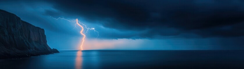 Dramatic stormy ocean scene with dark clouds lightning strike and rugged cliffs du severe weather at sea in moody natural environment