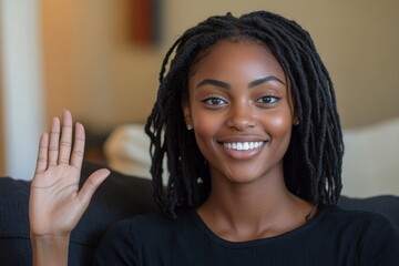 Portrait of smiling young African American woman sitting on the couch at home, greeting and waving to the camera, sharing a positive and energetic vibe, Generative AI