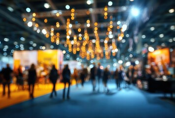 Blurred view of people walking in an indoor event space with vibrant lighting and soft focus creating a sense of movement and ambience