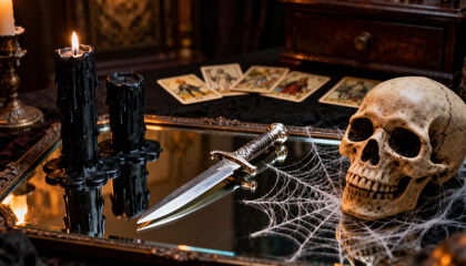 Mystic Seance Table: A detailed scene of a seance table, with a human skull, a deck of tarot cards, dagger, and candles, evokes a sense of mystery and intrigue. The scene showcases a gothic theme.