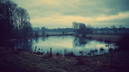 Obraz premium Misty, tranquil rural landscape with a still pond