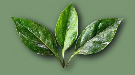 Three Green Leaves with Powdery Mildew on Muted Green Background