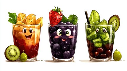 Three Pixelated Fruit Smoothies with Cheerful Faces on Clean White Backdrop