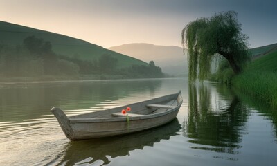 Obraz premium Tranquil morning on a still river, a weathered rowboat rests peacefully near a weeping willow. Misty hills rise gently in the background