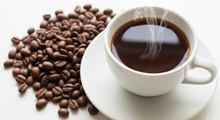 Fototapeta premium A steaming cup of coffee with coffee beans on a saucer on a white background in a studio shot