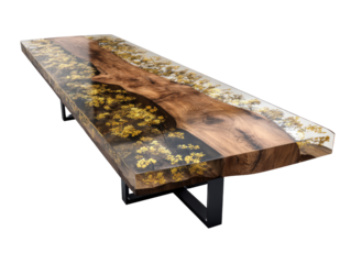 Resin-infused wood table.  Long, rectangular table with a slab of wood,  embedded with resin, featuring gold flecks and white streaks.  Dark metal legs