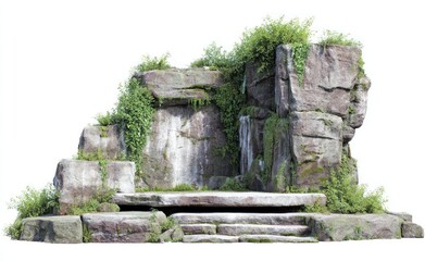 Stone structure with stairs and lush green plants against a clean white background, perfect for product showcase