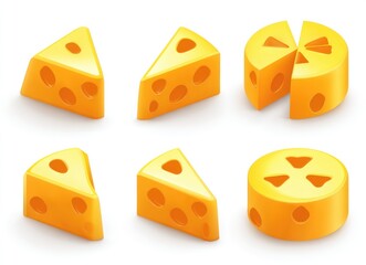 Six wedges & cylinders of yellow, cartoon cheese are arranged. Some are triangular, others circular with sections cut out revealing holes