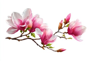 Obraz premium Digital watercolor style illustration of magnolia blossoms on a branch with pink and white petals, isolated