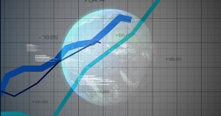 Presenting semi-transparent globe centered on grid with line charts, data labels and text overlays