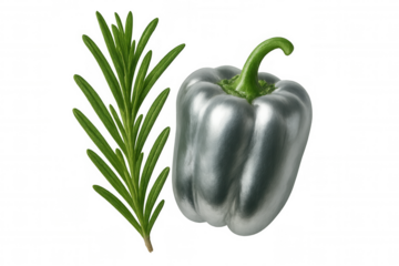 Silver bell pepper with verdant stem, paired with fragrant rosemary sprig, floating against translucent backdrop
