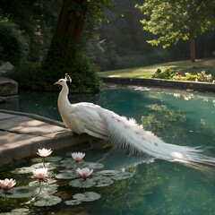 A white peacock resting beside a crystal-clear pond with lotus flowers floating.