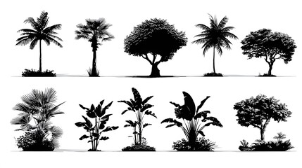 Tropical Tree Silhouettes Collection With Palm Trees Banana Plants And Exotic Forest Vegetation Vector Illustration Set For Botanical Jungle Landscape And Nature Graphic Design Resources

