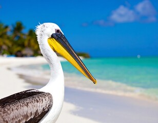 Pelican on a tropical beach