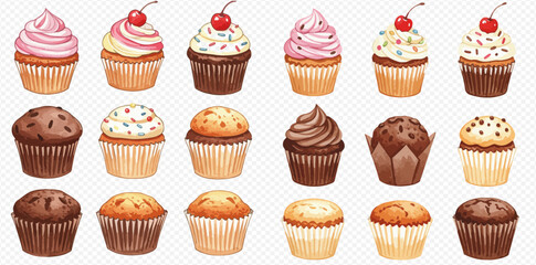 A delightful watercolor collection of assorted cupcakes and muffins with colorful frosting, sprinkles, and cherries, isolated on a transparent background.