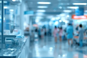 Blurred scene showing a bright, cool-toned hospital hallway, people walking in the distance, and foreground focused on medical surfaces