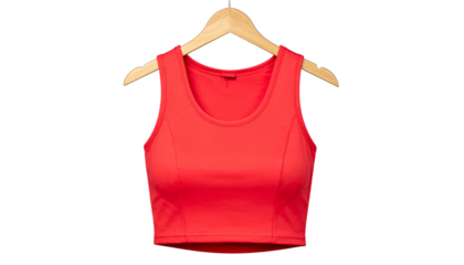 Red Women’s Crop Top on Wooden Hanger – Front View, Transparent Background