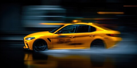A yellow taxi speeding through the city streets at night, with motion blur effect.