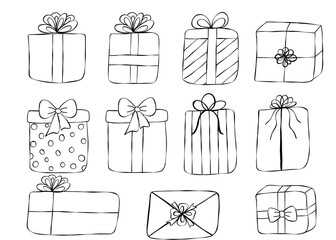 set of gift boxes vintage black outline style doodle hand drawn doodle illustrations 