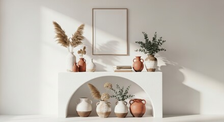 Minimalist Interior: Vases, Pampas Grass, Eucalyptus, and Blank Frame on White Console Table