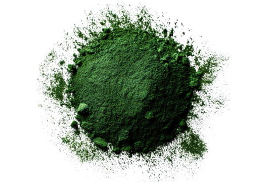 Dark green powder, circular, surrounded by a splotchy, translucent, light-green halo, on a black background