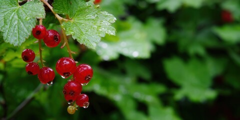 Obraz premium Vibrant red currants, glistening with water droplets, hang from a green branch in the sunlight.