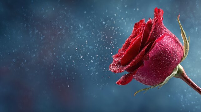 Close-up of a red rose with water droplets against a blurred blue background creating a dreamy, romantic effect