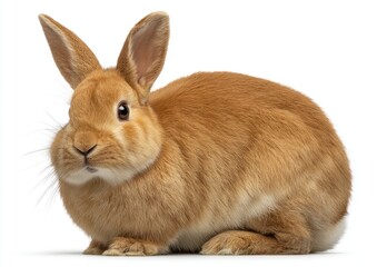 Obraz premium A golden-brown rabbit poses in front of a white backdrop, gazing forward with alertness and a soft, furry appearance