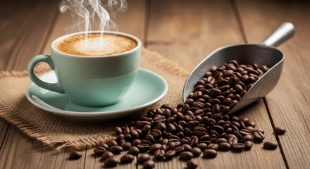 A steaming cup of coffee with beans on a wooden surface and a metal scoop filled with coffee beans