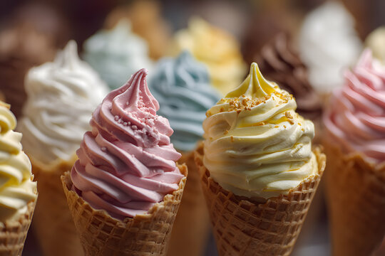 a row of ice cream cones with different flavors - Powered by Adobe