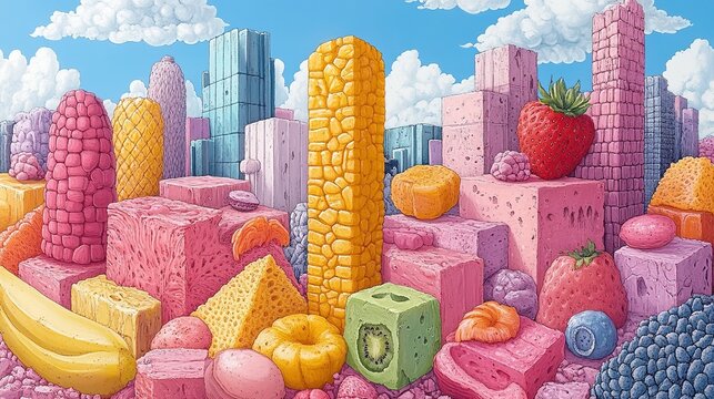 Surreal Food Cityscape Illustration: Whimsical Fruit & Dessert Architecture for Creative Design