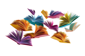 Colorful open books scattered in various positions,  pages fanned out in vibrant hues against a black background