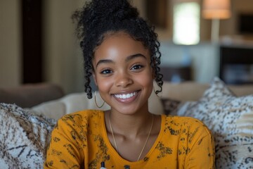 Portrait of young African American man sitting on the sofa at home, holding the air conditioner remote control with a smile on his face, showing a positive gesture of approval, Generative AI