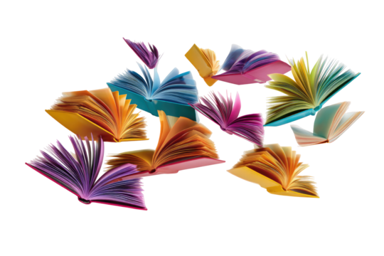 Colorful open books scattered in various positions,  pages fanned out in vibrant hues against a black background