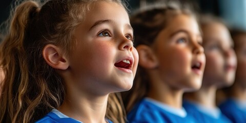 Obraz premium A group of young girls sing together, full of joy and looking up.