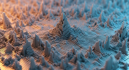 Abstract 3D landscape with geometric digital data visualization and warm cool lighting