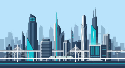 Naklejka premium Flat vector illustration of a modern city skyline with futuristic skyscrapers, an elevated bridge, and a cool blue and teal color palette.