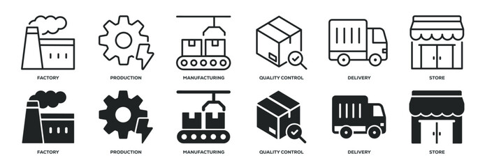 Fototapeta premium Supply chain line and glyph solid icons collection. Minimal icon and symbol series vector illustration