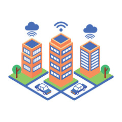 Smart city isometric illustration showcasing connected buildings and vehicles.