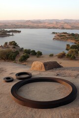Black rings on rock overlook serene lake and distant hills under a bright sky, soft light, textured foreground