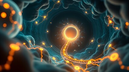 An abstract microscopic view inside a cell with glowing pathways and new traffic patterns of luminous proteins.