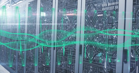 Glowing server cabinets showing circuit glass doors at data center, with LEDs and green waveform