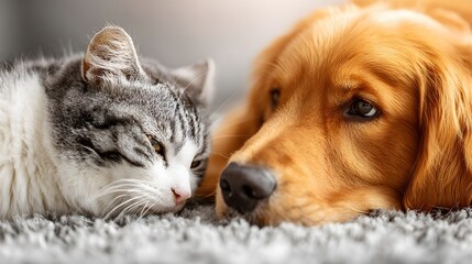 Close Up Portrait Of Dog And Cat Resting Together On Soft Carpet Adorable Golden Retriever And Tabby Kitten Relaxing At Home Cozy Domestic Pets Friendship And Animal Companionship Lifestyle Concept
