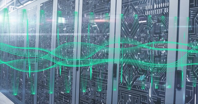 Glowing server cabinets showing circuit glass doors at data center, with LEDs and green waveform - Powered by Adobe