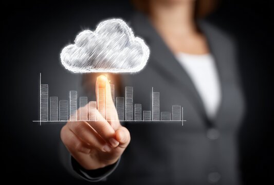 Businesswoman interacts with a sketch-style cloud above a data graph, indicating data or digital connection - Powered by Adobe