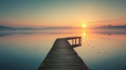 Obraz premium Serene Sunrise Over Calm Lake with Long Wooden Dock Surrounded by Mist and Reflections of Soft Morning Light