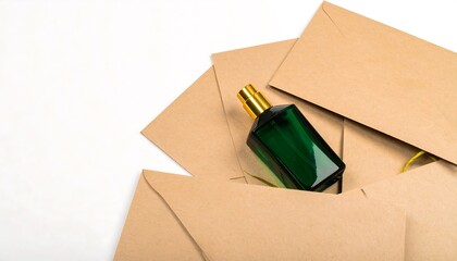 Perfume bottle nestled among craft envelopes