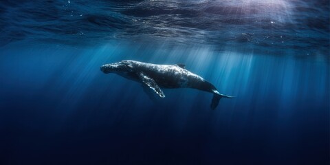 Fototapeta premium A stunning view of a humpback whale swimming underwater, illuminated by sunlight.