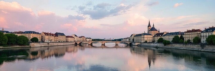 Naklejka premium Serene view of the Bordeaux River, reflecting the cityscape and tranquil sky Ideal for travel, tourism, and city landscape projects Captures the essence of French charm , vacation, light, cityscape